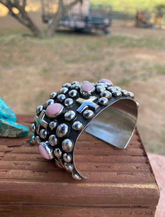 Navajo Queen Pink Conch Shell  & Sterling Silver Cross Cuff Bracelet Signed