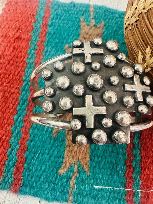 Navajo Hand Stamped Sterling Silver Cross Cuff Bracelet By Chimney Butte