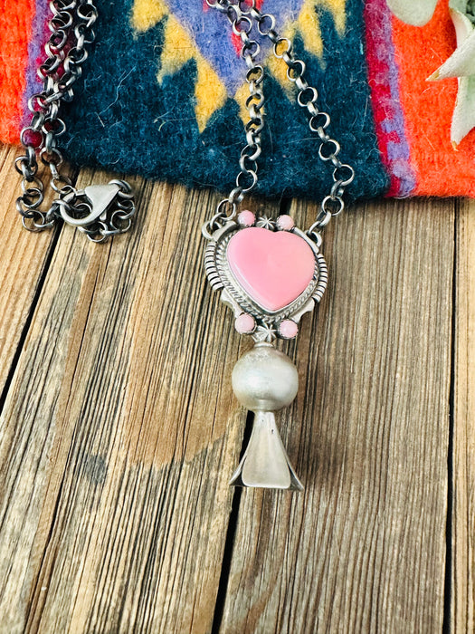Navajo Sterling Silver & Queen Pink Conch Heart Blossom Necklace by Thomas Francisco