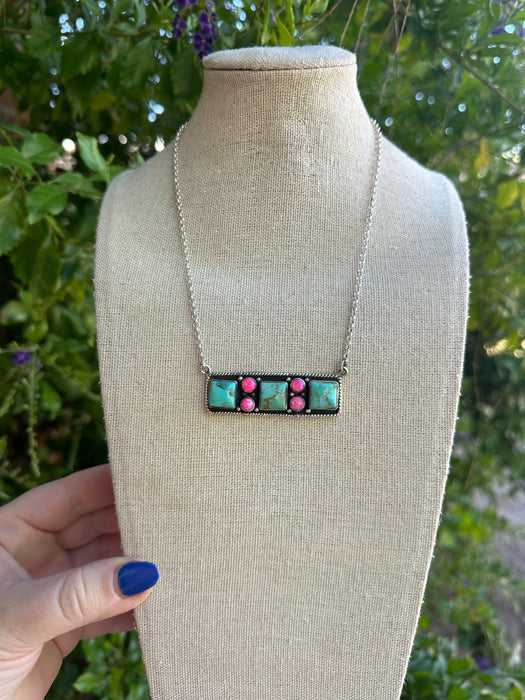 Beautiful Handmade Sterling Silver, Turquoise & Hot Pink Fire Opal Bar Necklace