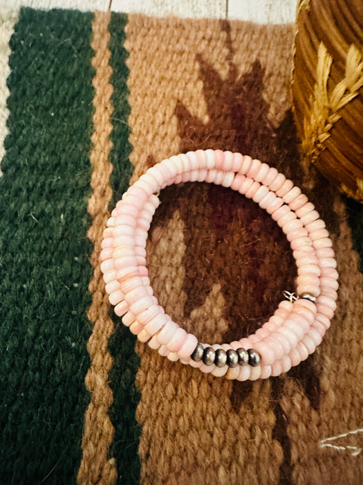 Navajo Queen Pink Conch Shell & Sterling Silver Pearl Beaded Wrap Bracelet