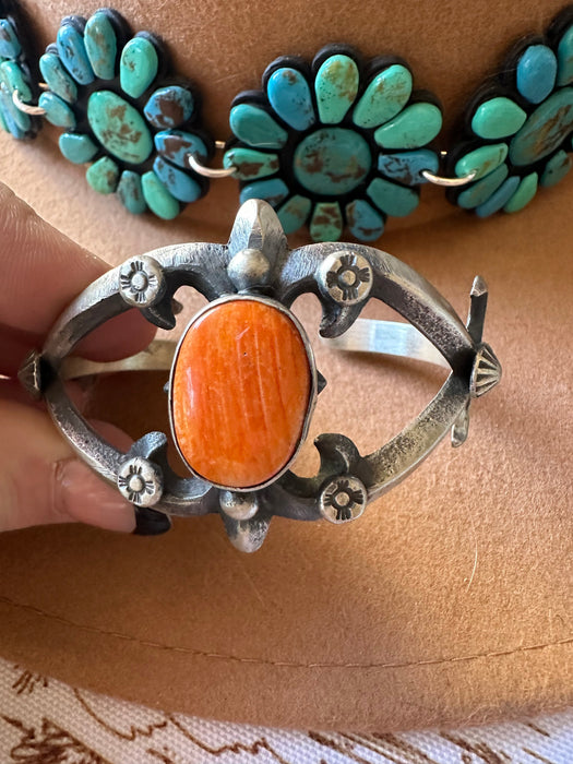 Navajo Single Stone Orange Spiny & Sterling Silver Cuff Bracelet by Chimney Butte
