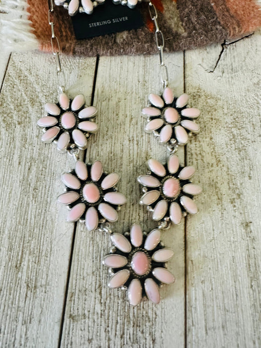 Navajo Queen Pink Conch & Sterling Silver Cluster Necklace Earrings Set