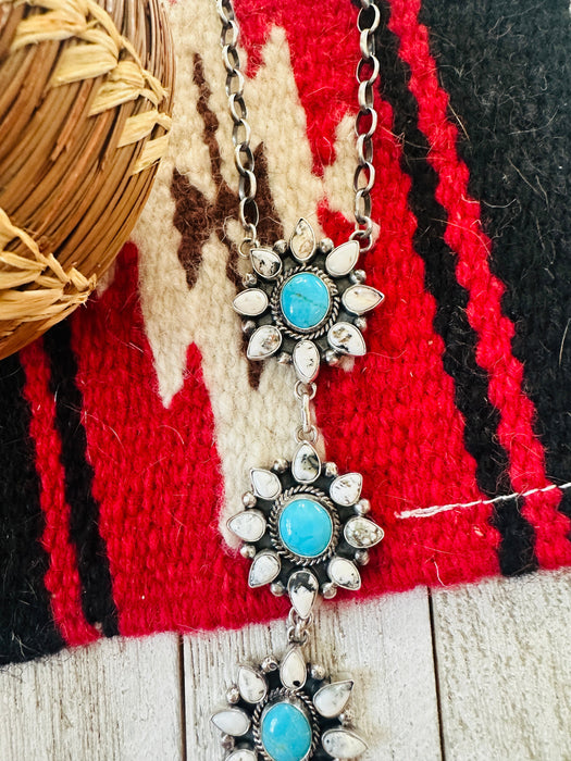 Navajo Sterling Silver, White Buffalo & Turquoise Lariat Necklace