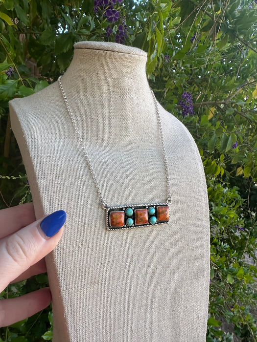Beautiful Handmade Sterling Silver, Turquoise & Orange Mojave Bar Necklace