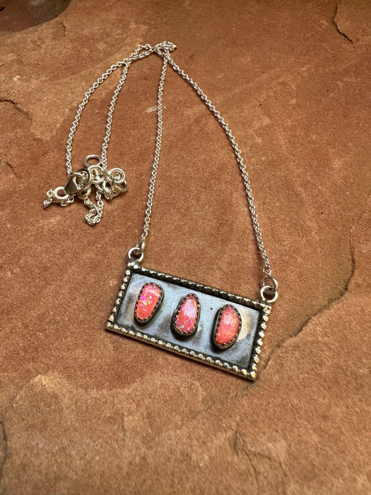 Handmade Sterling Silver & Pink Fire Opal 3 Stone Bar Necklace