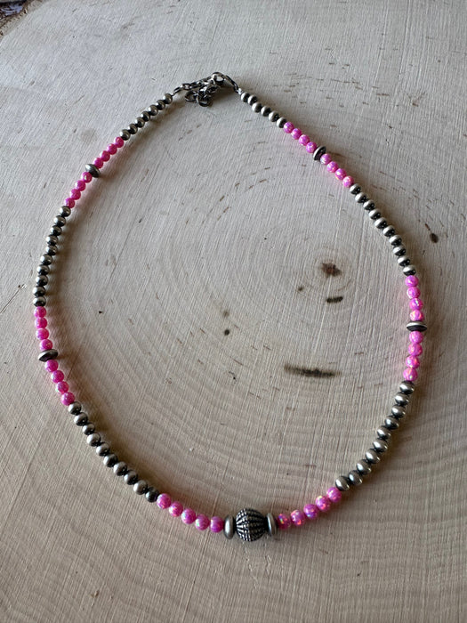 Handmade Navajo Pearl Style Sterling Silver, Pink Fire Opal Beaded Necklace