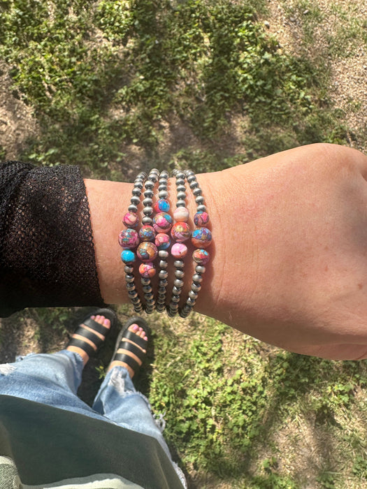 Handmade Navajo Pearl Style Sterling Silver & Pink Dream Mojave Beaded Stretch Bracelet