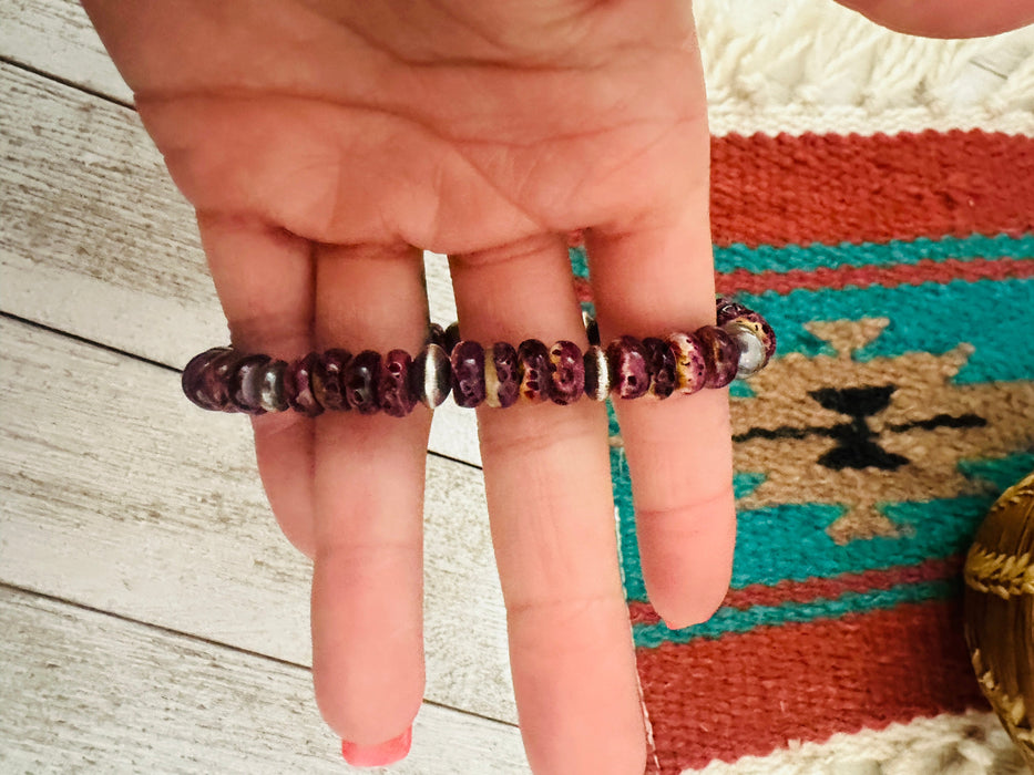 Navajo Purple Spiny & Sterling Silver Beaded Stretch Bracelet