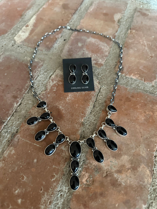 Navajo Sterling Silver & Onyx Necklace & Earring Set Signed