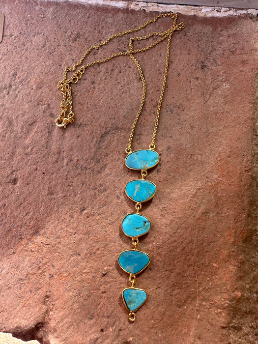 “The Golden Collection” Natural Turquoise 5 Stone Lariat Handmade 14k Gold Plated Necklace