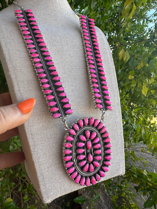 Handmade Barbie Pink Fire Opal & Sterling Silver Statement Necklace