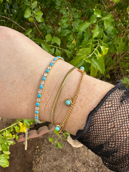 “The Golden Collection” Free Spirit Sparkle Handmade Turquoise & CZ 14k Gold Plated Tennis Bracelet