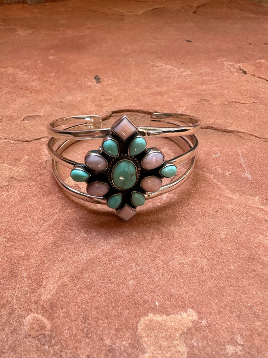 Handmade Sterling Silver, Turquoise & Pink Conch Adjustable Cuff Bracelet