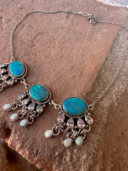 Handmade Blue Opal, White Fire Opal, CZ & Sterling Silver Tassel Necklace