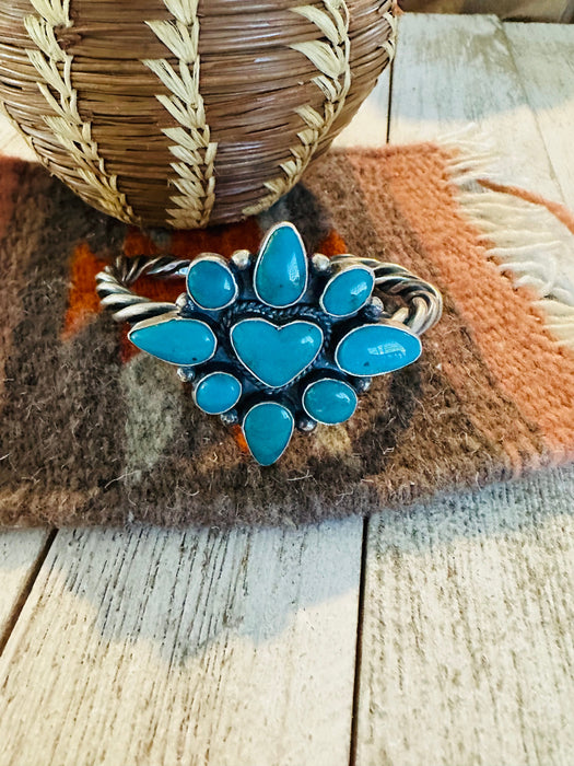 Navajo Kingman Turquoise & Sterling Silver Heart Cuff Bracelet
