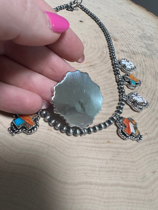 Handmade Wild Horse, Spice, Turquoise and Sterling Silver Cross Necklace