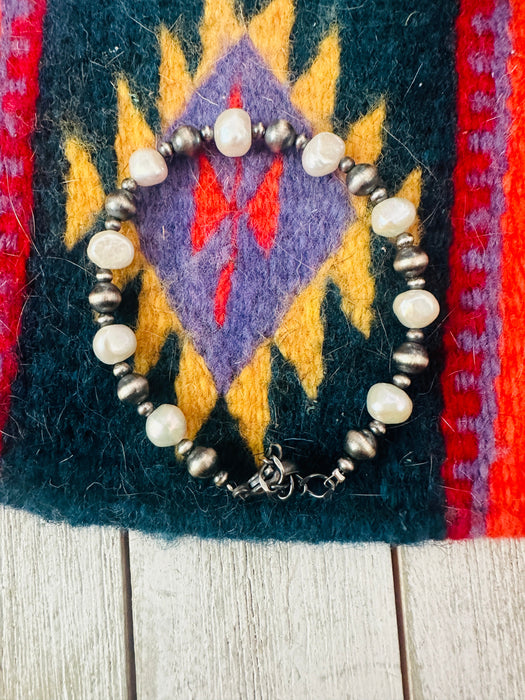 Navajo Sterling Silver & Natural Pearl Beaded Bracelet