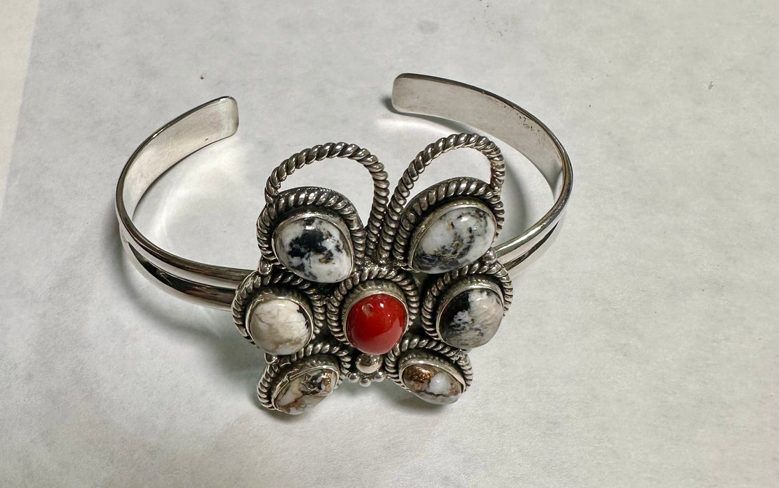 Handmade Sterling Silver, Natural Coral & White Buffalo Adjustable Cuff Bracelet
