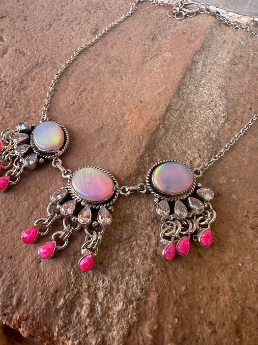 Handmade Opal, Pink Fire Opal, CZ & Sterling Silver Tassel Necklace