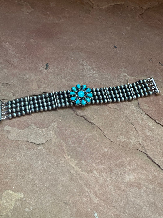 Handmade Sterling Silver & Turquoise Beaded Navajo Pearl Style Bracelet