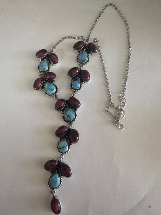 Handmade Sterling Silver, Golden Hills Turquoise, Purple Spiny Necklace Signed Nizhoni