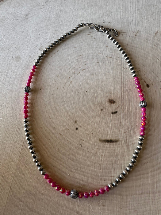 Handmade Navajo Pearl Style Sterling Silver, Dark Pink Fire Opal Beaded Necklace