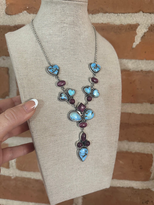 Handmade Sterling Silver, Golden Hills Turquoise, Purple Spiny Heart Necklace Signed Nizhoni