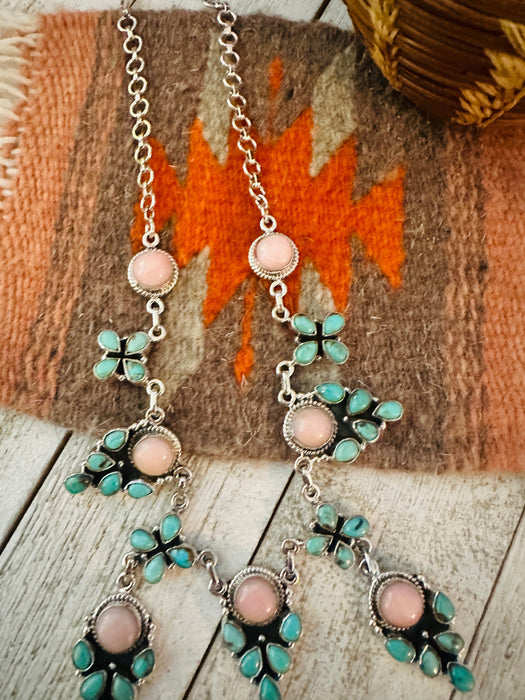 Handmade Sterling Silver, Queen Pink Conch & Turquoise Lariat Necklace