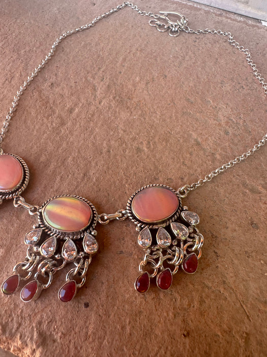 Handmade Pink Opal, CZ & Sterling Silver Tassel Necklace