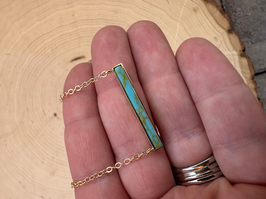 “The Golden Collection” Handmade Natural Turquoise Beaded 18k Gold Plated Bar 16” Necklace