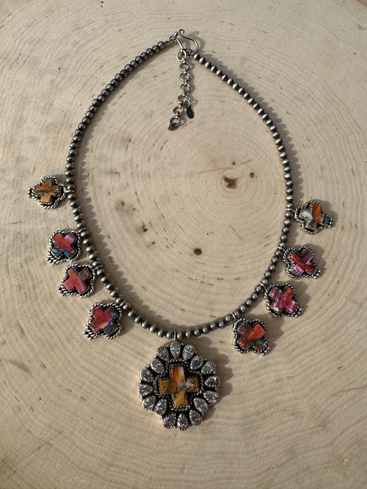 Handmade Spice, Pink Dream Mojave and Sterling Silver Cross Necklace