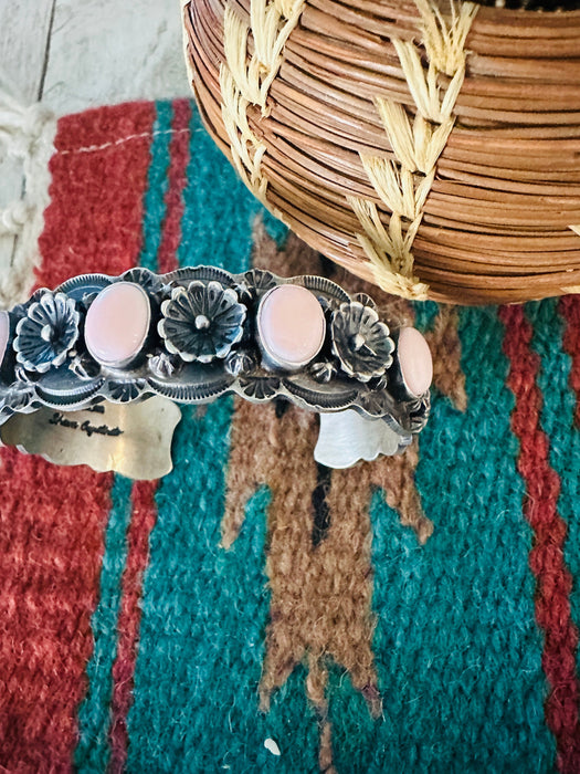 Navajo Queen Pink Conch & Sterling Silver Flower Cuff Bracelet