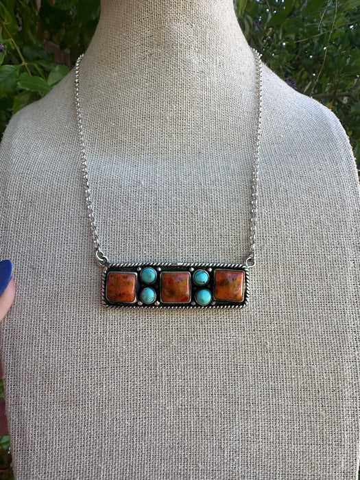Beautiful Handmade Sterling Silver, Turquoise & Orange Mojave Bar Necklace