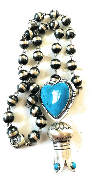 Navajo Sterling Silver & Turquoise Heart Blossom Beaded Necklace
