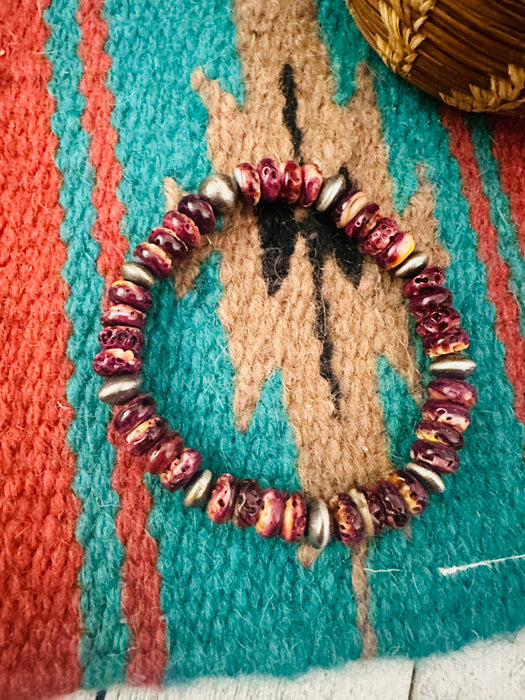 Navajo Purple Spiny & Sterling Silver Beaded Stretch Bracelet