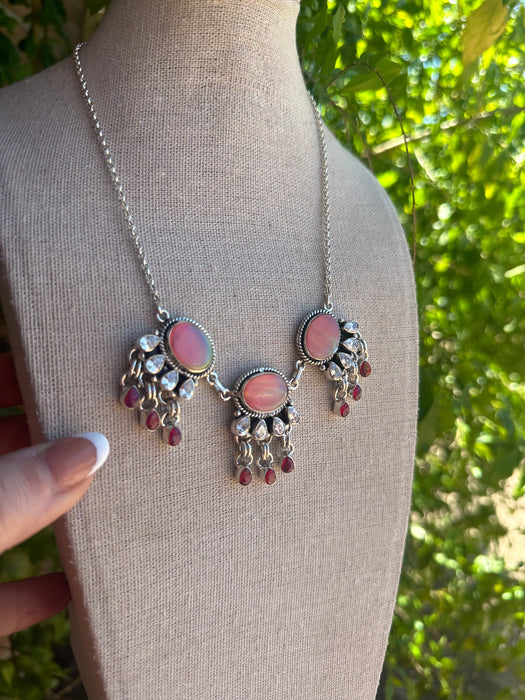 Handmade Pink Opal, CZ & Sterling Silver Tassel Necklace