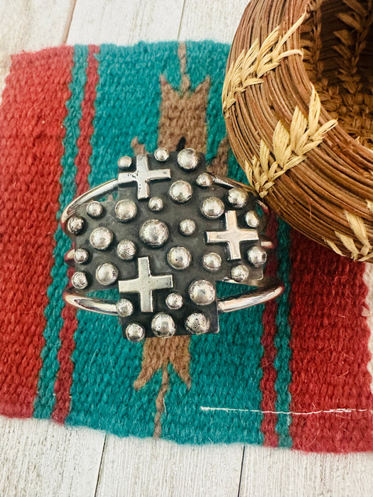 Navajo Hand Stamped Sterling Silver Cross Cuff Bracelet By Chimney Butte