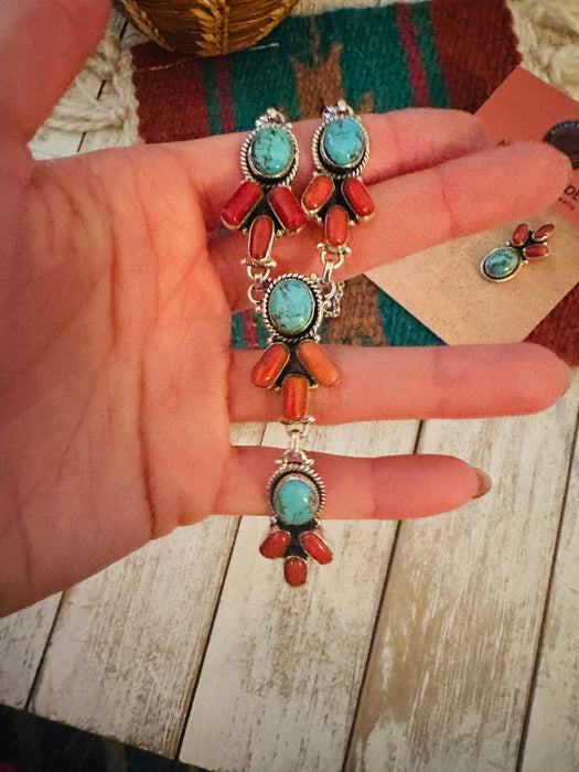 Handmade Sterling Silver, Turquoise & Coral Necklace Set Signed Nizhoni