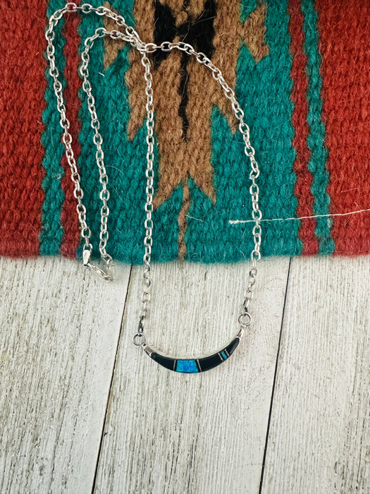 Navajo Sterling Silver, Onyx & Opal Inlay Crescent Necklace