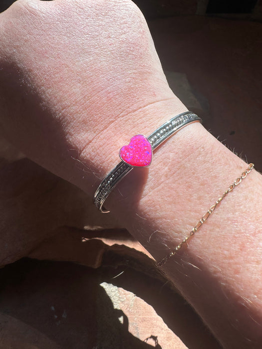 Handmade Fire Pink Opal and Sterling Silver Heart Adjustable Cuff Bracelet