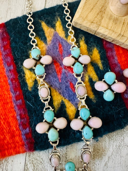 Handmade Sterling Silver, Turquoise & Pink Opal Necklace Set Signed Nizhoni