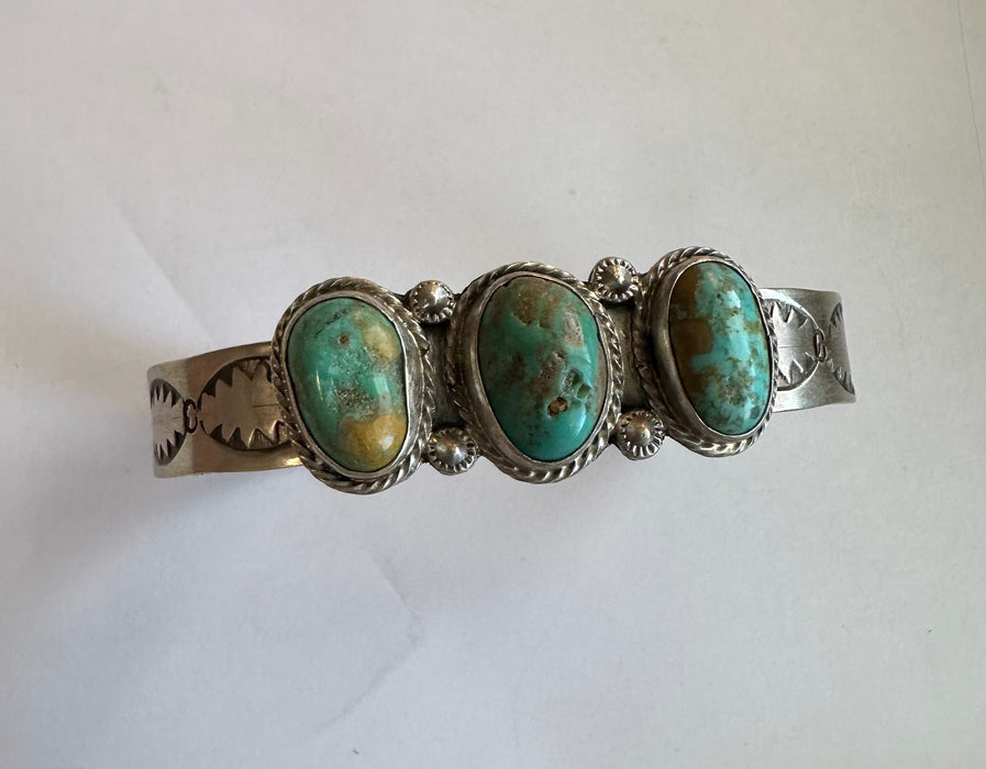 Navajo Turquoise & Sterling Silver 3 Stone Adjustable Cuff Bracelet Signed S Cooke
