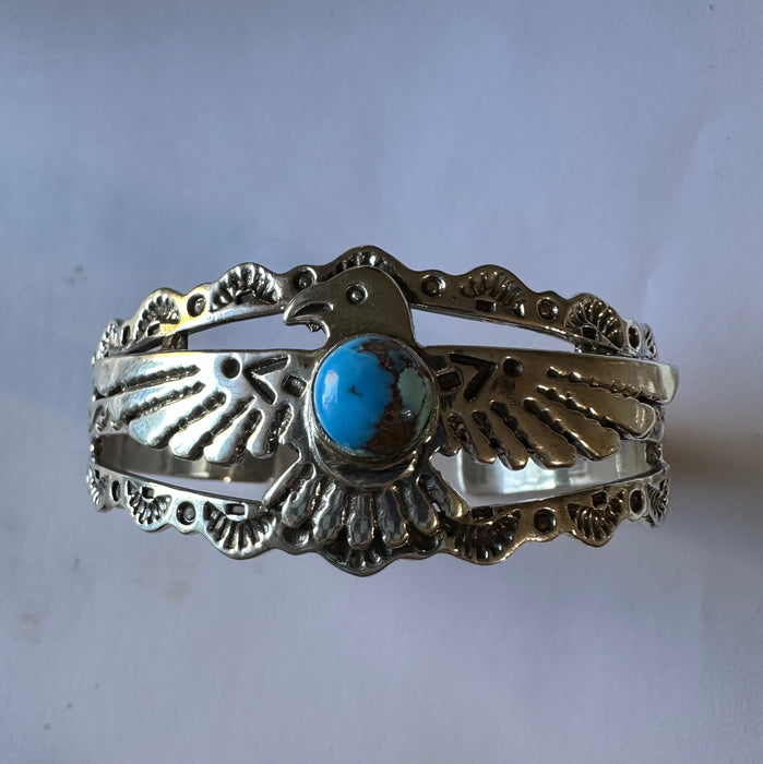 Handmade Sterling Silver Golden Hills Turquoise Thunderbird Cuff Style 1