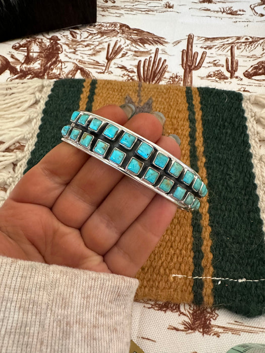 Handmade Sterling Silver & Turquoise 2 Row Adjustable Cuff Bracelet