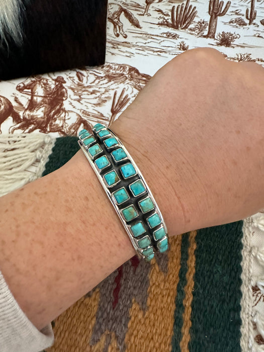 Handmade Sterling Silver & Turquoise 2 Row Adjustable Cuff Bracelet