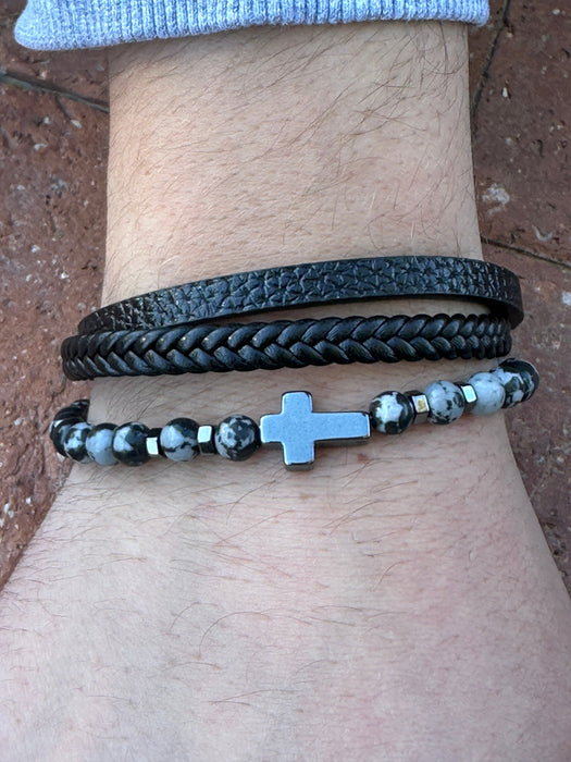 Snowflake Obsidian beaded triple wrap leather and Cross bracelet