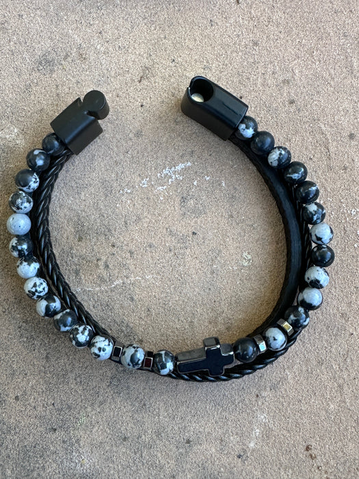 Snowflake Obsidian beaded triple wrap leather and Cross bracelet