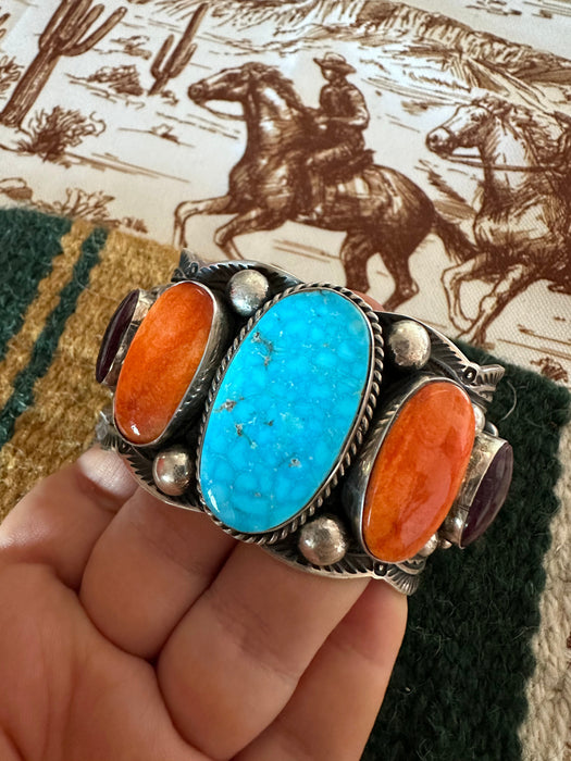 Navajo Turquoise, Spiny And Sterling Cuff Bracelet By Guy Hoskie