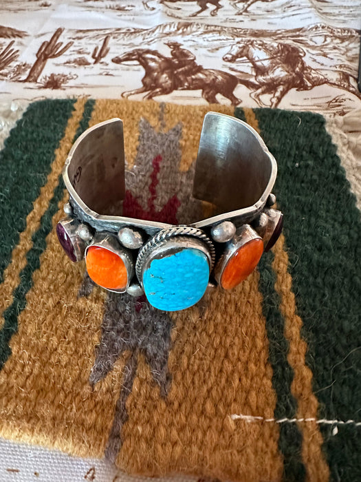 Navajo Turquoise, Spiny And Sterling Cuff Bracelet By Guy Hoskie